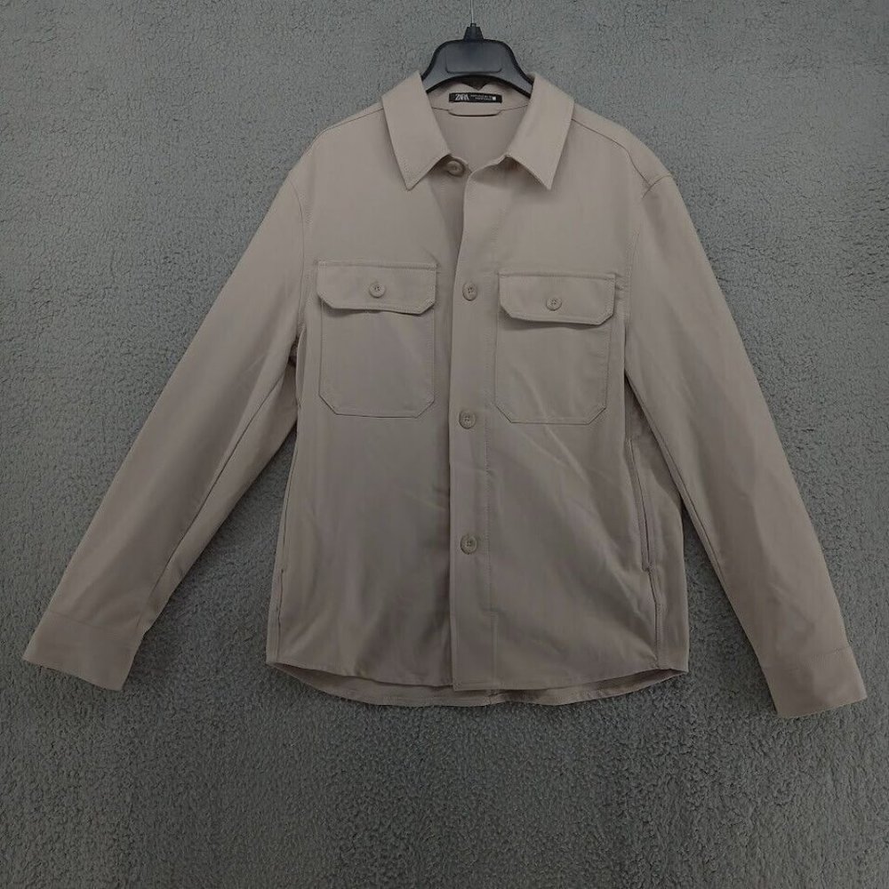 Zara Shirt Mens Small Tan Khaki Double Pocket Camp Level Hem Canvas Twill